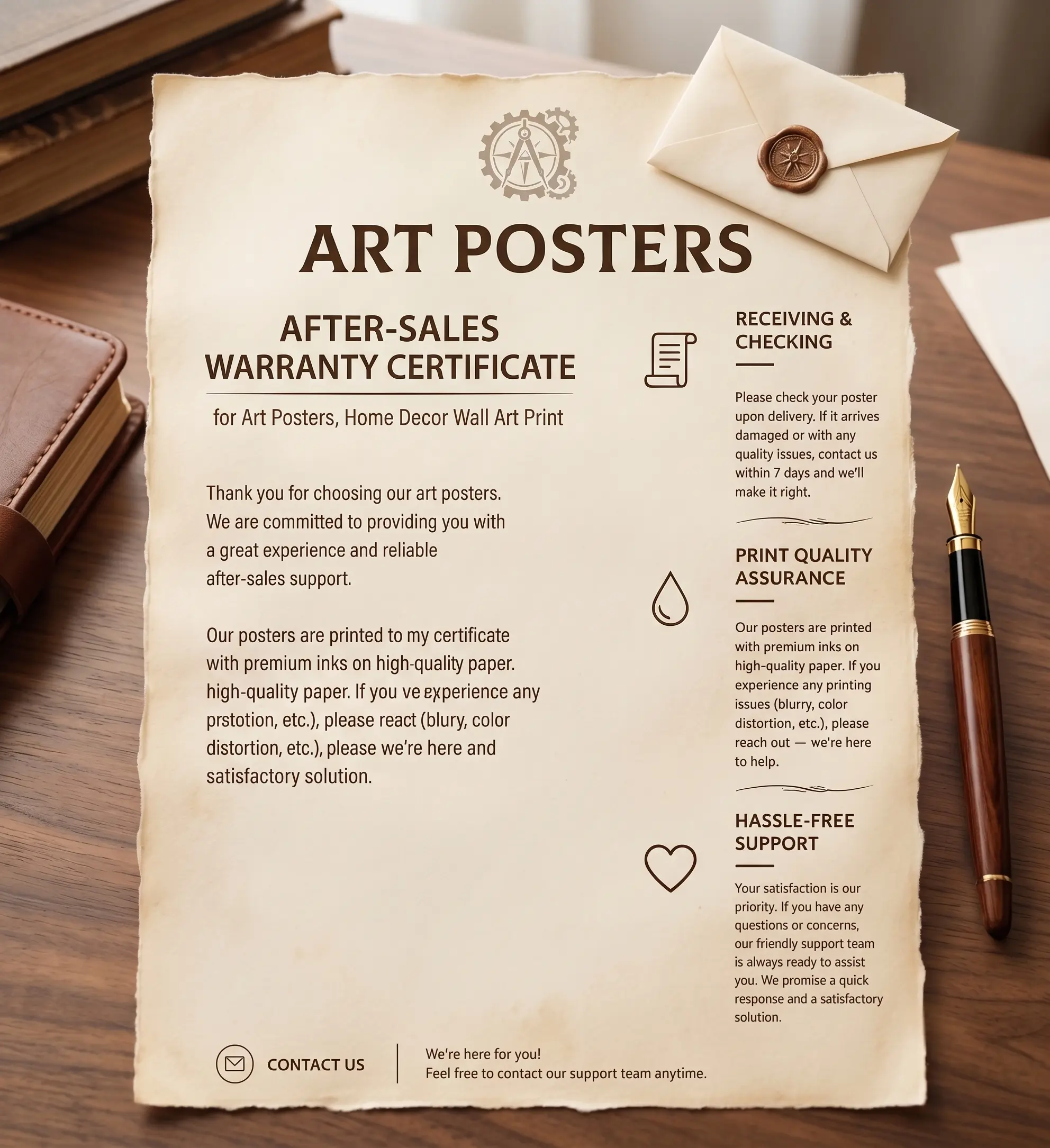 After-Sales Warranty Certificate for Art Posters, Home Decor Wall Art Print