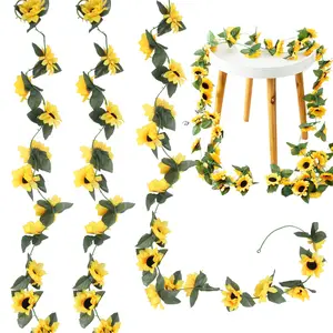 3 Pack Artificial Sunflower Garland – Lifelike Strand Silk Sunflowers Hanging Vines with Vibrant Green Leaves for Rustic Room, Kitchen, Garden, Birthday, Wedding, Baby Shower Party Table Decor  ﻿