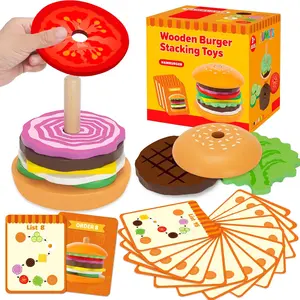 Montessori Wooden Burger Stacking Toys for 2 3 4 5 Year Olds Fine Motor Skills Development Educational Learning Toys for Kids Boys Girls Perfect Easter Birthday Gifts
