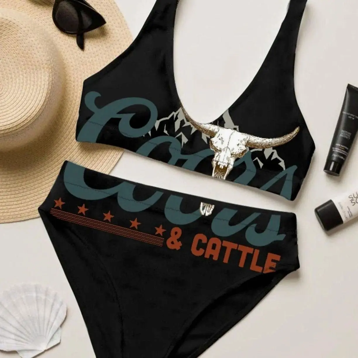 Coors Cattle Black Bikini Set, Trendy Swimsuit for Women, 2026 Independence Day Gift, Quick-Drying Clothing, Outdoor Wear, Summer Beach Outfit, Gift for her LK7 JRQ