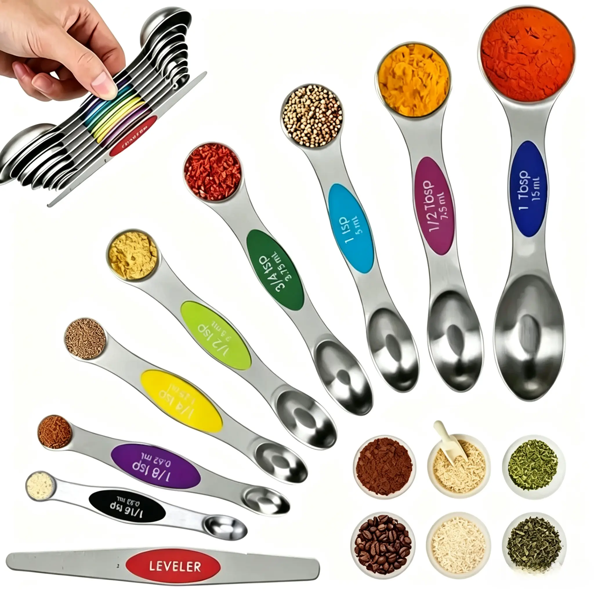 9-Piece Stainless Steel Magnetic Measuring Spoons Set, Heavy Duty Metal Kitchen Utensils with Leveler, Multicolor Dual-Sided Spoons, Fits Most Spice Jars, Easy Storage, Dishwasher Safe