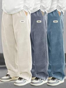 men's loose-fit drawstring waist fashion flannel straight leg pants, simple and elegant style, casual comfortable knitted fabric for spring & fall