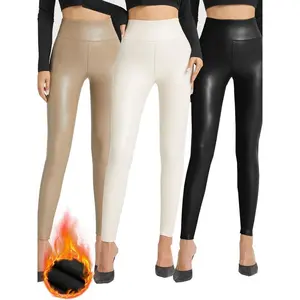 WYuyang Outdoor Sports3pcs Women's High-Waisted Thickened Winter Thermal Underwear/Outerwear Pants - Tummy Control, Solid Color (White/Black/Nude) - PU Material for Gym, Casual Wear & Layering - Hand Washable Warmth for Cold Weather