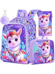 3PCS Alpaca Kids Backpack, 16" Large Capacity Elementary Backpacks for Girls, Lightweight Toddler Schoolbag with Lunch Box
