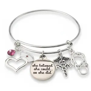 Registered Nurse RN Gift Bracelet | Caduceus, Stethoscope & Birthstone Personalized Bangle