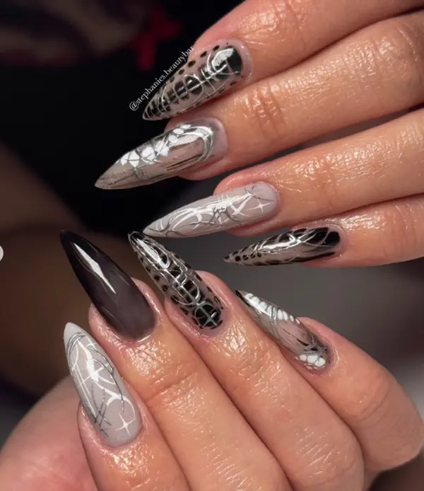 Black Grey Spider Web Press On Nails, Gothic Stiletto Nail Set, Smoky Chrome French Tips, Handmade Alternative False Nails