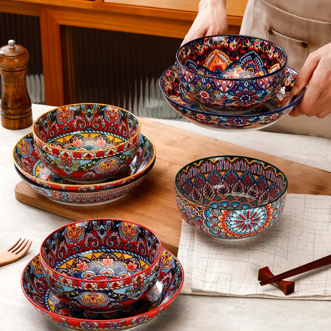 8-Piece Tableware Set, Ceramic Dish Set, 4 Plates 4 Bowls, Dishwasher & Microwave Safe, Floral Geometric Patterns, Round, Suitable for 4 People, Non-Bone China, Dinnerware, Dinner Sets