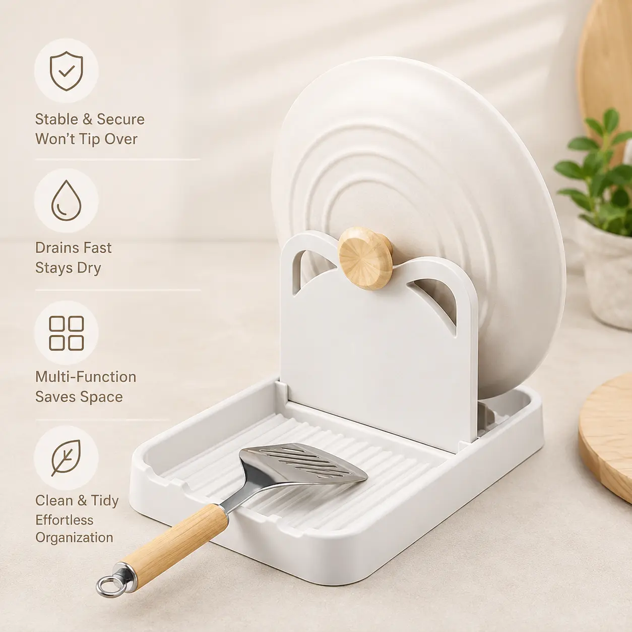 1-Piece Kitchen Cutlery & Tableware Rack - Pot Lid, Utensil Holder with Drain Tray, Wall-Mountable for Countertop Storage of Multi-Size Lids, Spatulas, Spoons