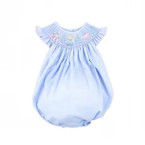 Princess Light Blue Gingham Smocked Angel Sleeve Bubble
