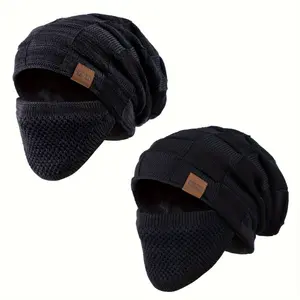 2SETS Beanie Hat for Men and Women - Winter Warm Hats Knit Slouchy Thick Skull Cap with Face Cover Acrylic For Cold Weather Perfect Gift Lovers