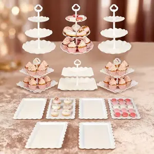 12-Piece Cake Rack Bundle, 3 Two-Tier & 3 Three-Tier Cupcake Displays, 6 Food Serving Platters, for Birthday, Baby & Bridal Shower Gatherings (White/Pink/Black/Gold)
