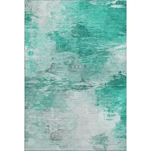 HomeRoots 650745 9 x 12 ft. Teal & Ivory Abstract Transitional Washable Machine Made Rectangle Area Rug with UV Protection, Machine-Washable Area Rugs