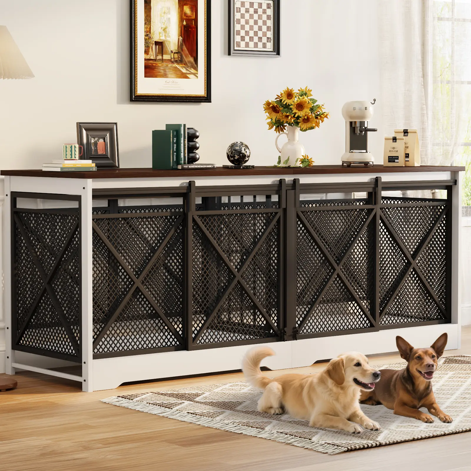 COZPAW 78" Extra Large Heavy Duty Wooden Double Dog Crate Furniture - Escape Proof Kennel for Large Breeds, Floating TV Stand & Side Table with Removable Divider Panel, White Brown Enclosure