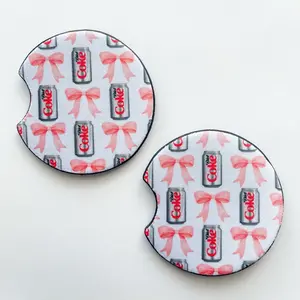 Soda Lovers Coquette Pink Bows Car Coasters Set of Two Durable Absorbent Cup Holder Mats, Lightweight Portable for Car Use