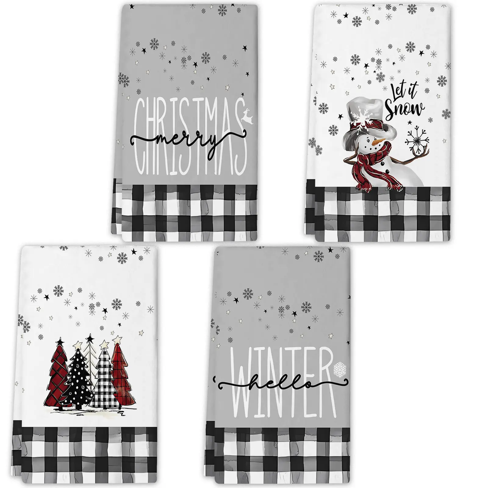 Black and White Checkered Snowman Christmas Tree Towel/dishcloth, 18x26 Inches, Everyday Winter Decorative Towels, 4-piece Set.