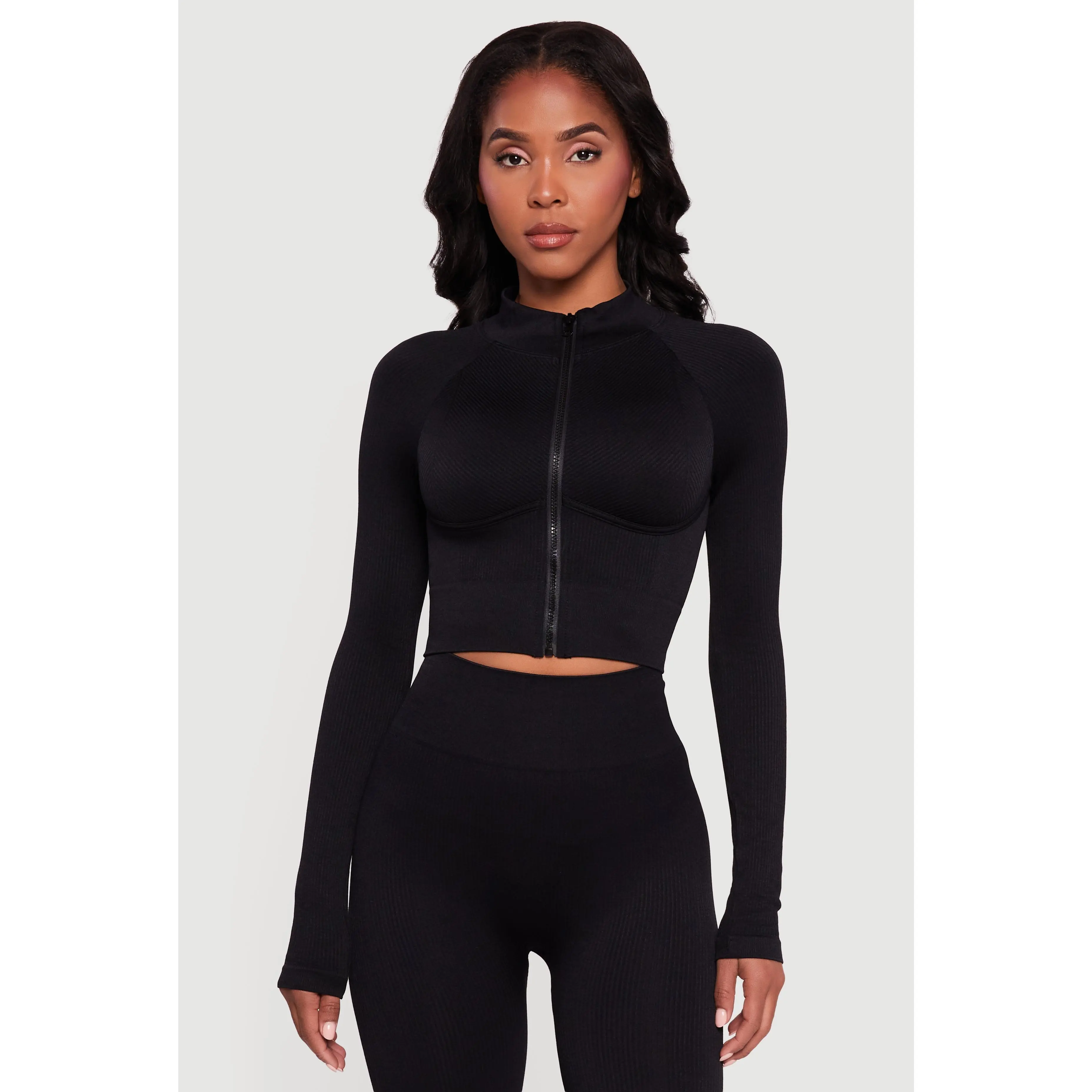 Ribbed Cropped Zip Front Active Jacket
