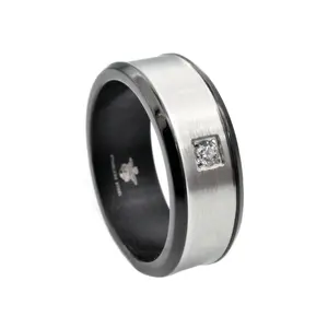 Mens Brushed Stainless Steel Band Ring With Cubic Zirconia And Black Plated Edge