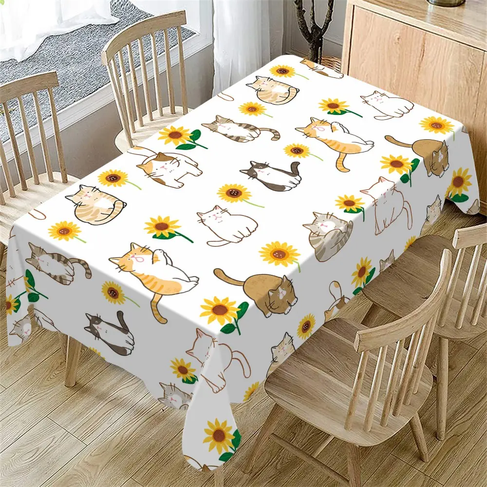 Rectangular Tablecloth Summer Sunflower Cute Cat Pattern, Indoor Outdoor Use, Kitchen Dining Room Decor, Christmas New Year Holiday Party Wedding