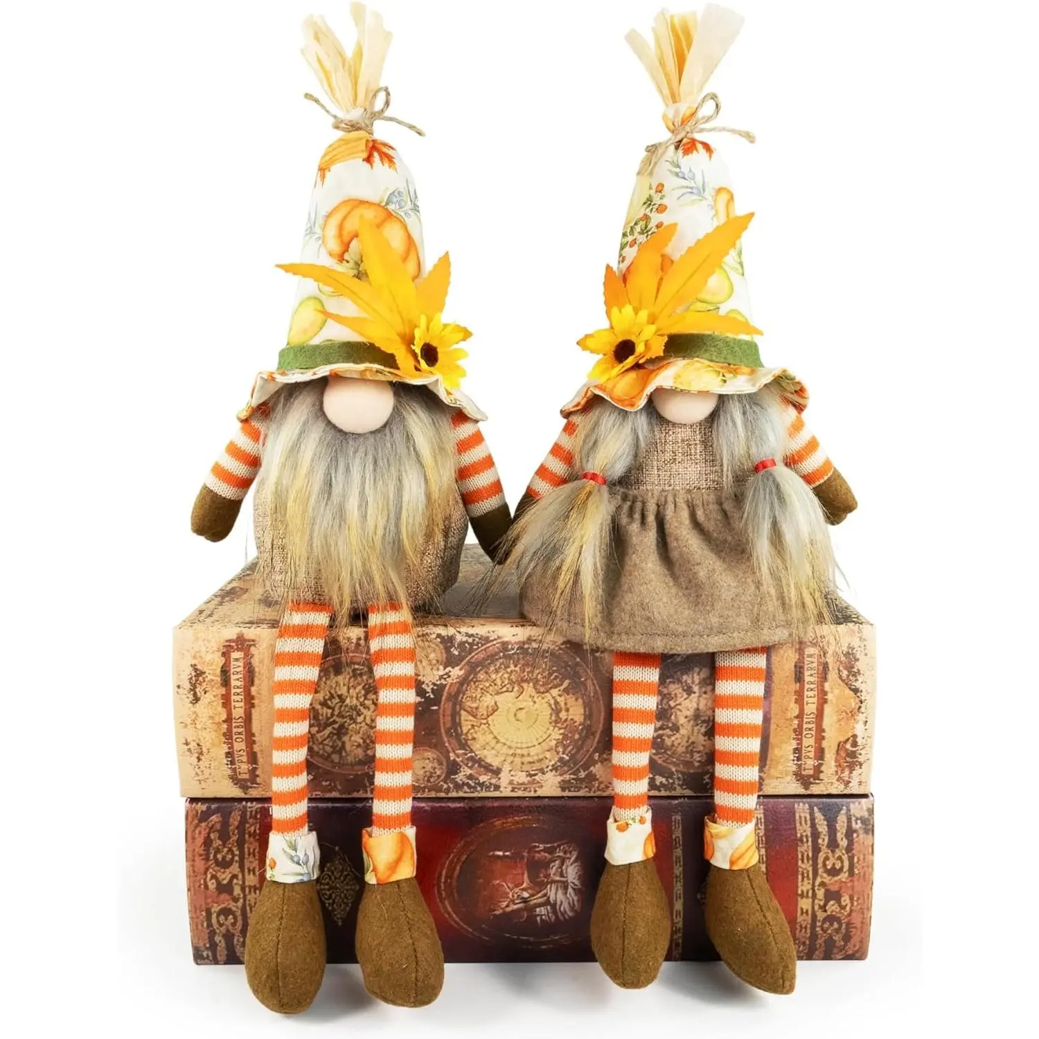 Thanksgiving Decorations – 2PCS Fall Gnomes Plush Shelf Sitters with Dangling Legs, Harvest Gnome Couple for Table Decor, Tiered Tray, Farmhouse Gnomes Gifts for Women