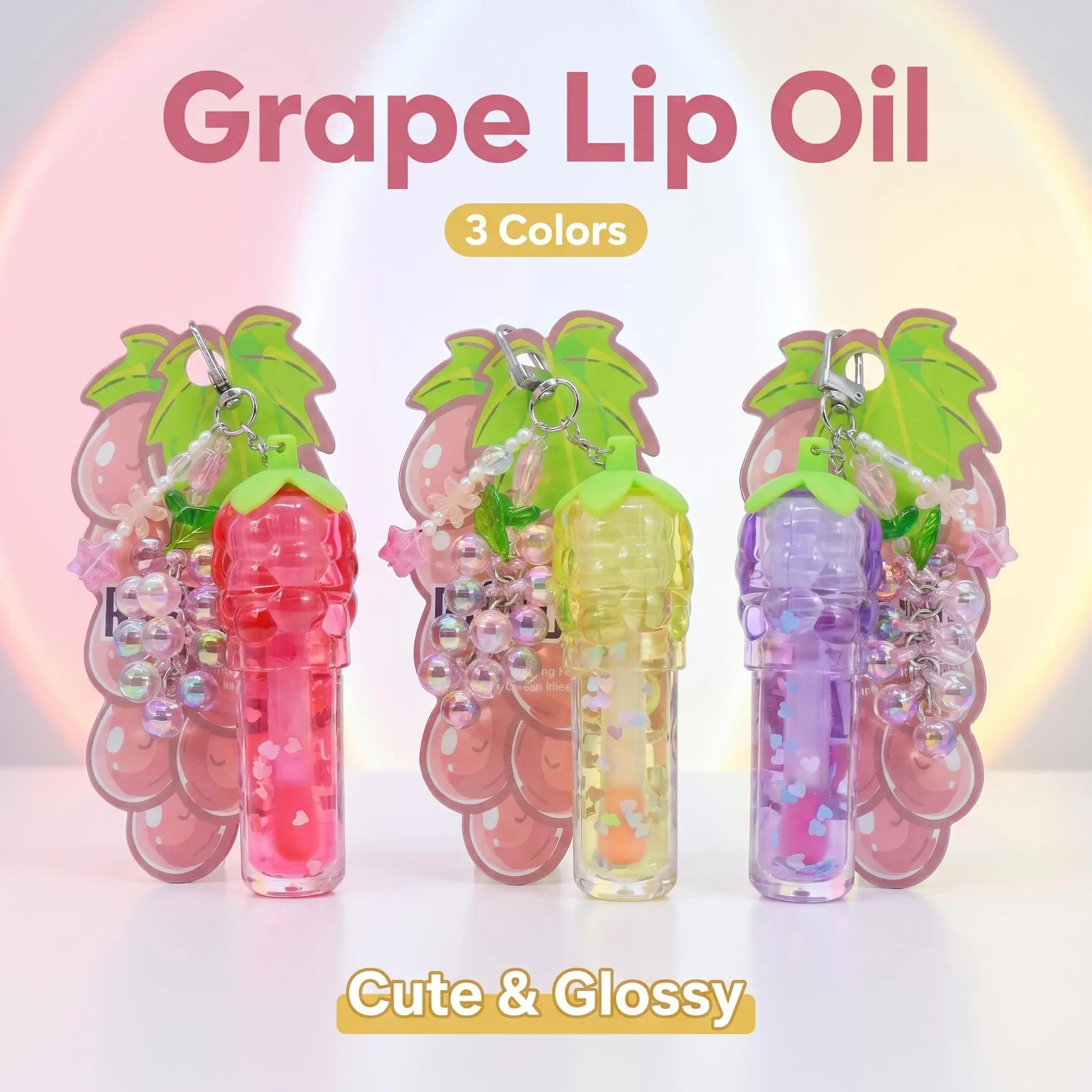 Fashion Grape Lip Gloss Tube Keychain,Glossy End Lip Gloss, Mini Container with Bead Pendant, Fashion Accessory for Purses, Birthday Party Gift for Teen Girls, Kawaii, Iridescent Lipstick Makeup Cosmetic, Plastic, Clip, Refillable, Cute, Holiday, Lightwei