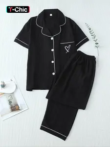 Women's Two-Piece Pajama Set, Casual Comfy Pajama, Contrast Binding Lapel Pocket Heart Embroidery Short Sleeve Top & Bow Pants Sleepwear for Home Use