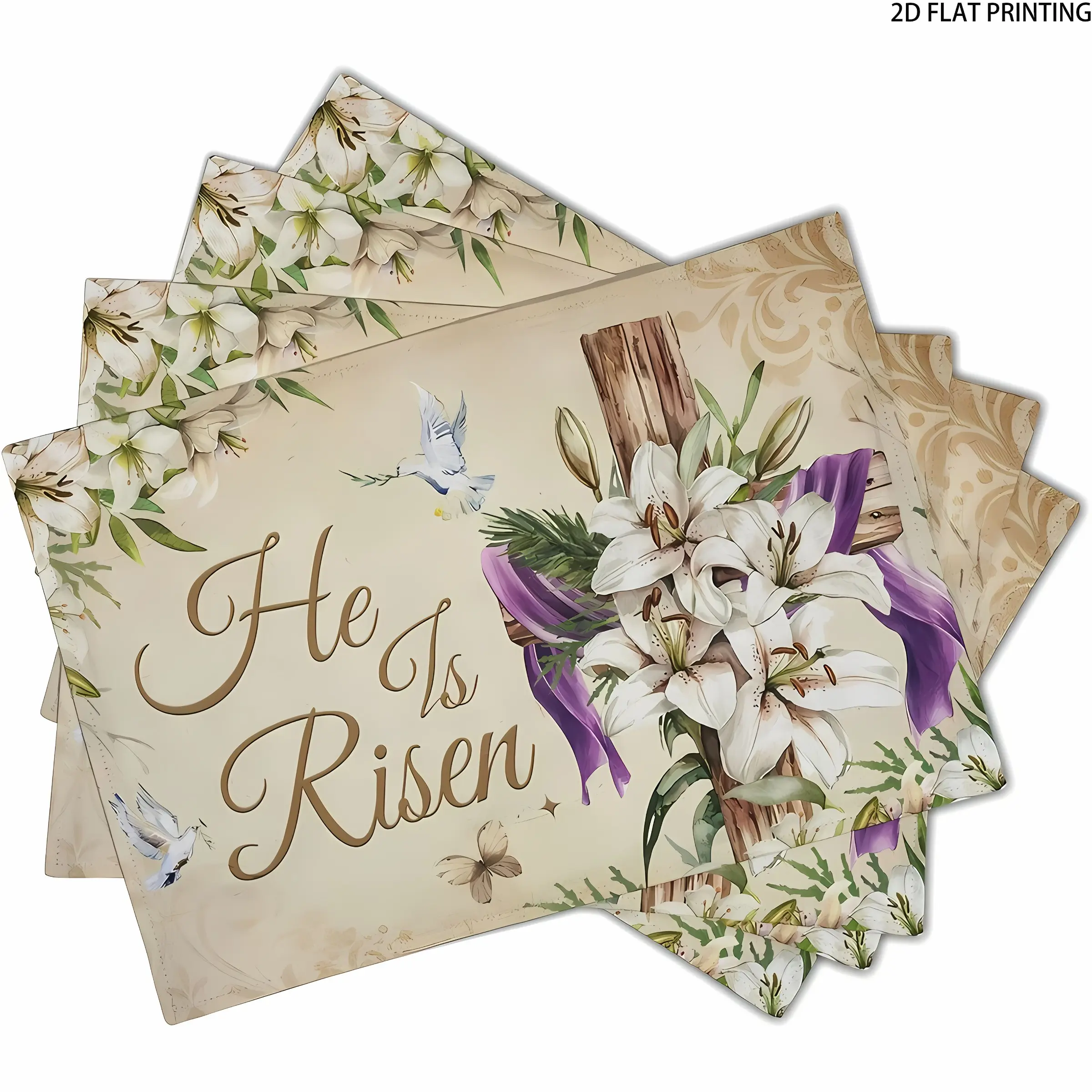 2D flat printing, 2-piece/4-piece/6-piece/8-piece Easter placemat set, 12x18 inch spring lily countryside style heat-resistant washable rectangular table mat, holiday kitchen party decoration