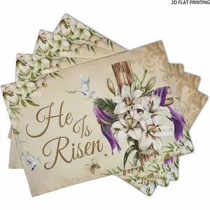 2D flat printing, 2-piece/4-piece/6-piece/8-piece Easter placemat set, 12x18 inch spring lily countryside style heat-resistant washable rectangular table mat, holiday kitchen party decoration
