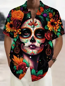 1pc Vintage Floral Print Men'S Plus Size Casual Graphic Shirt, Polyester Lapel Collar Short Sleeve with Pockets, Tropical Summer Casual Button-Up Woven Fabric Top for Adults