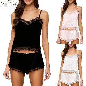 Women's Satin Lace Deep V Neck Spaghetti Strap Camisole Tops and Mini Short  2Pcs Pajamas Set
