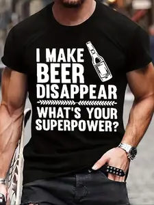 Men's Letter & Beer Print Round Neck Tee, Regular Fit Casual Sportswear Short Sleeve Crew Neck T-shirt, Men's Top for Daily Wear