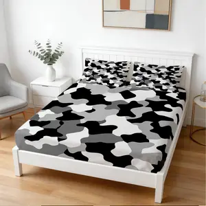 3Pcs Modern Black White Grey Camo Fitted Sheet Set,(2 Pillowcases, No Pillow Inserts), Soft & Skin-Friendly Bedding Set, Stylish Eye-Catching Room Decor, Ideal Gift for Teens & Men