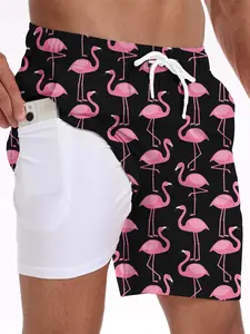 Black Base Pink Flamingo All-Over Print Shorts (Men's) - Bold tropical-themed design, lightweight quick-dry material, inner lining, side storage pocket