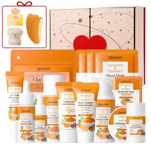 Quiyum Turmeric Skincare Set, Cleanser, Toner, Eye Cream, Serum, Moisturizer, Suncreen,Scrub,Clay Mask, Balm Stick,Facial Oil,Soap,Octopus Brush,Scraping Pate,Card,Gift Box,Hydrating Soothing,Best Gift, Turmeric Glow Set