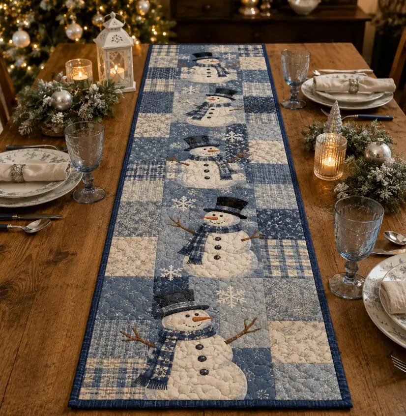 Snowman Quilted Table Runner, Blue Winter Patchwork Table Runner, Christmas Snowman Table Decor, Farmhouse Holiday Dining Decor