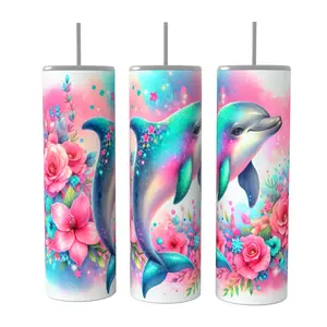 Dolphin Floral 20 oz Tumbler Coffee Drinkware Insulated Lid Skinny Portable