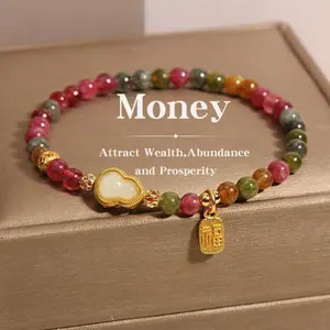 Rainbow Tourmaline Beaded Bracelet Jewelry For Women Bohemian Style Design With Gourd Pendant Colorful Beads Unique Statement Accessory