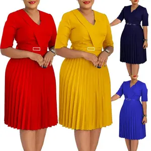 Two piece women's church dress elegant V-neck half sleeve pleated A-line midi dress elegant and dignified African summer fashion dress for women