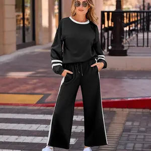 Women's 2 Piece Lounge Set Varsity Stripe Patchwork Puff Sleeve Pullover and Drawstring Wide Leg Pants Tracksuit