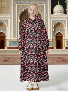 Girls Hooded Abaya Dress with Pink Rose Floral Print, Muslim Kids Long Sleeve Maxi Dress (Black)