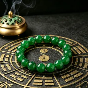 Green Beaded Money Bracelet for Women and Men, 14mm Stretch Bangle Jewelry for Wealth Attraction, Blessings, and Peace