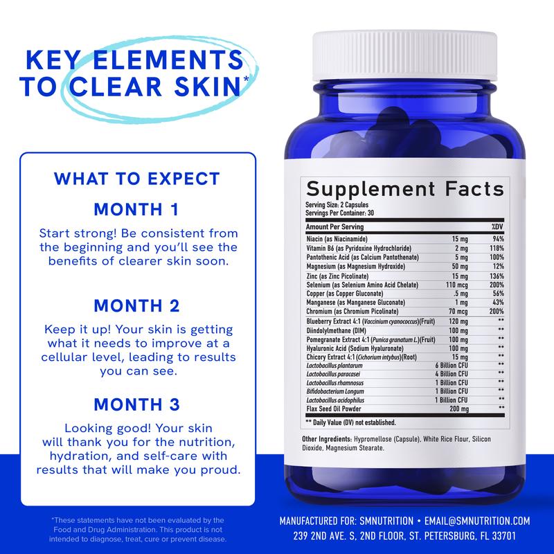 Clear-3 Skin Support by SM Nutrition - Dietary Supplement with Zinc DIM & Probiotics - 3-in-1 Balance & Support with Hyaluronic Acid & Skin Support Vitamins for Hormonal Gut Microbiome Health