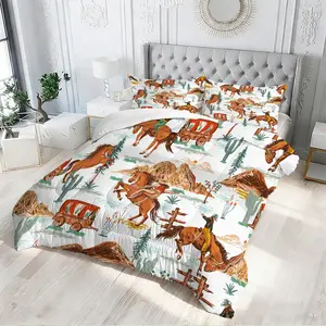 2/3Pcs Western Cowboy Art Print Quilted Comforter Set, Skin-Friendly, Durable, Breathable, and Warm Quilt, Not Easy To Fade or Deform After Repeated Washing, American Retro Style Complete Bedroom Bedding Set, Pillowcases Only, No Pillow Insert.