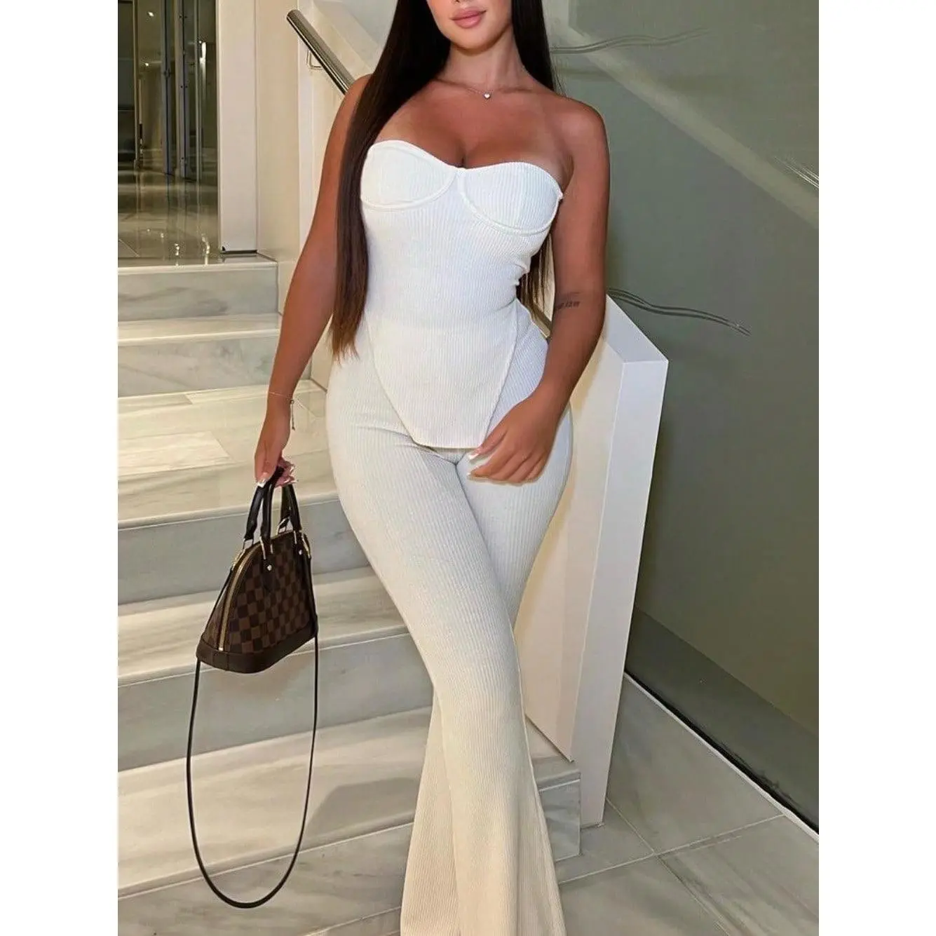 Women's Ribbed Strapless Jumpsuit, White Sleeveless Flare Leg One Piece Outfit
