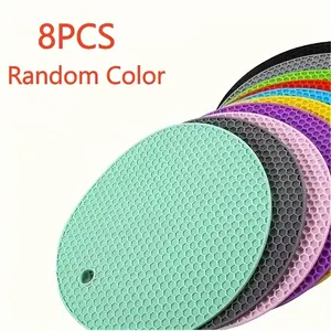 8Pcs Heat Resistant Silicone Trivet Mats, Heavy Duty Honeycomb Pot Holders with Hanging Hole, Non-Slip Heat Insulation Pads for Hot Dishes Cookware, Random Color