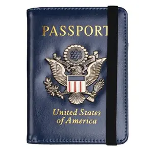 RFID Blocking Passport Holder for Women Men, Leather Passport Travel Wallet with Metal 3D Metal Badge, Travel Document Holder Cover Accessories (Dark Blue)