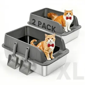 2 Pack Stainless Steel Cat Litter Box, 23" L x 15" W x 8" H XL Metal Litter Boxs for Big Cats with Lid High Sides, Metal Kitty Litter Boxes with Scoop, Easy to Clean (Dark Grey)