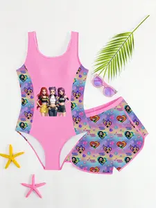 Girls Street Style Cartoon Idol Swimsuit Set, Gradient Rainbow Tank Top & Swim Pants, Slim-Fitting Beachwear for Kids