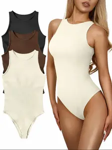 Women's Solid Round Neck Bodysuit, Elegant Comfy Sleeveless Bodysuit for Daily Wear, Ladies Clothes for Summer