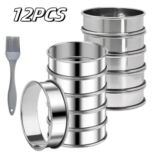 12PCS English Muffin Rings, 3.15 Inch Stainless Steel Crumpet Ring Double Rolled Tart Nonstick Metal Round Molds with Silicone Oil Brush