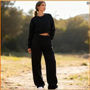 MeridianWardrobe Cotton Crew Neck Terry Thin Fleece Set Women's Casual Versatile Lounge Wear Tracksuit for Sports Daily Wear Comfy Soft Matching Outfits FirePhoenixGuardian Collection